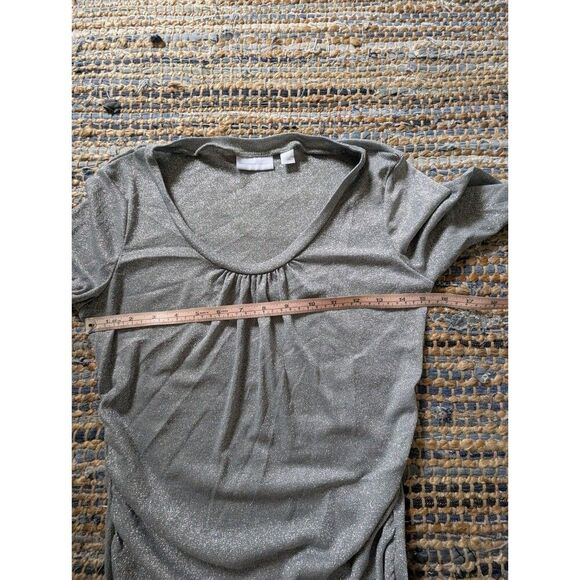 Y2K Metallic Gray Ruched Glitter Top S Scoop Neck 3/4 Sleeve Babydoll Shimmery B - Picture 4 of 6